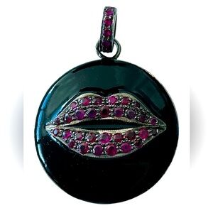 The Woods Fine Jewelry Pave Pink LIPS Enamel Pendant Tourmaline Sterling Silver